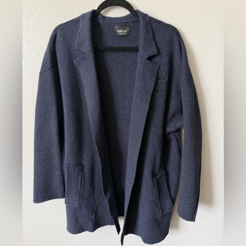 ZARA Knit Navy Blue Open Front Cardigan Blazer | Thick Cozy Layer | Size M - Picture 2 of 10